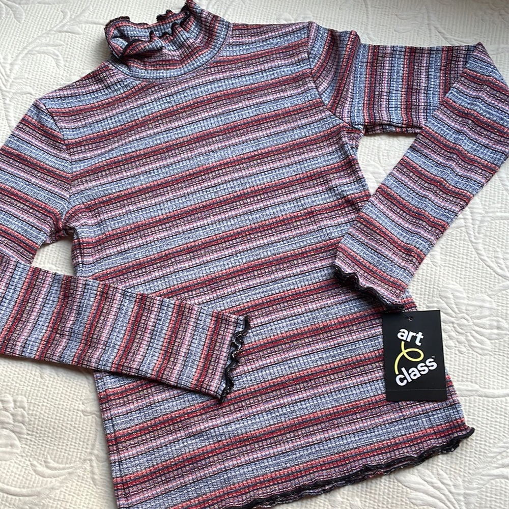 Art Class Lettuce Edge Metallic Striped Mock Turtleneck Multi